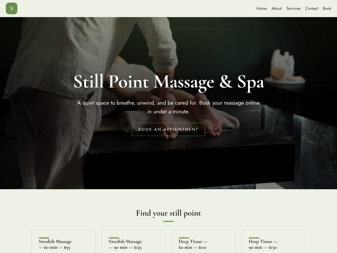 Still Point Massage & Spa — a real massage and spa site built by the AI