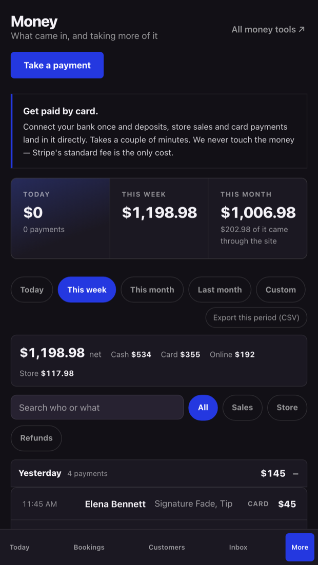 The Money screen in Get Booked HQ on a phone: $1,198.98 taken this week, a breakdown by cash, card and online, and a list of real payments.